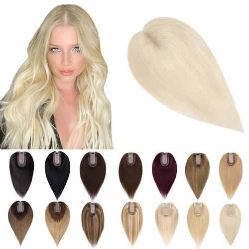 SEGO Human Hair Toppers for Women With Thinning Hair, 7 * 13CM Silk Base 100% Real Human Hair Clip in Top Wiglet Hairpieces /12 Inch No Bangs Platinum Blonde