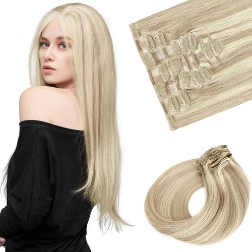 Sassina Invisible Clip ins Real Human Hair Extensions Golden Blonde to Medium Blonde Thick Straight Human Hair Extensions Clip ins 20 Inch Natural Clip in Extensions 8 Pcs 120 Grams #P16/22