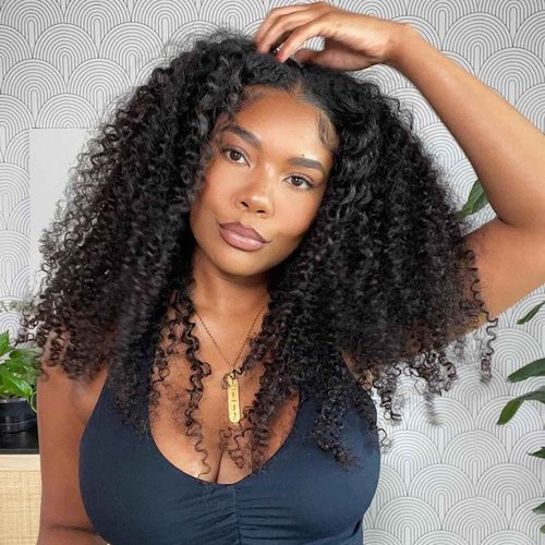 DSEKCAIN Kinky Curly V Part Wig Human Hair Glueless Clip In 100% Real Human Hair Curly V part Wigs No Glue No Sew In Upgrade U Part Wig For Beginners Friendly 200 Density 18 Inch