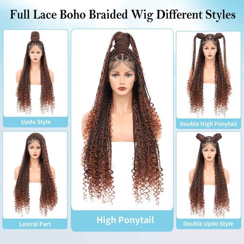 Olymei Boho Braided Wigs Triangle Knotless Braided Wigs for Women Full Double Lace Front Box Braid Wig with Baby Hair Premium Synthetic Braid Lace Front Wig 36" Brown