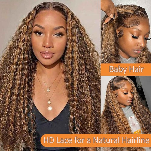 AKUZO Highlight Ombre Deep Wave Lace Front Wigs Human Hair 13x6 Lace Front HD Lace Front Wigs 4/27 Honey Blonde Lace Frontal 200 Density Glueless Wigs Pre Plucked Baby Hair 20inch