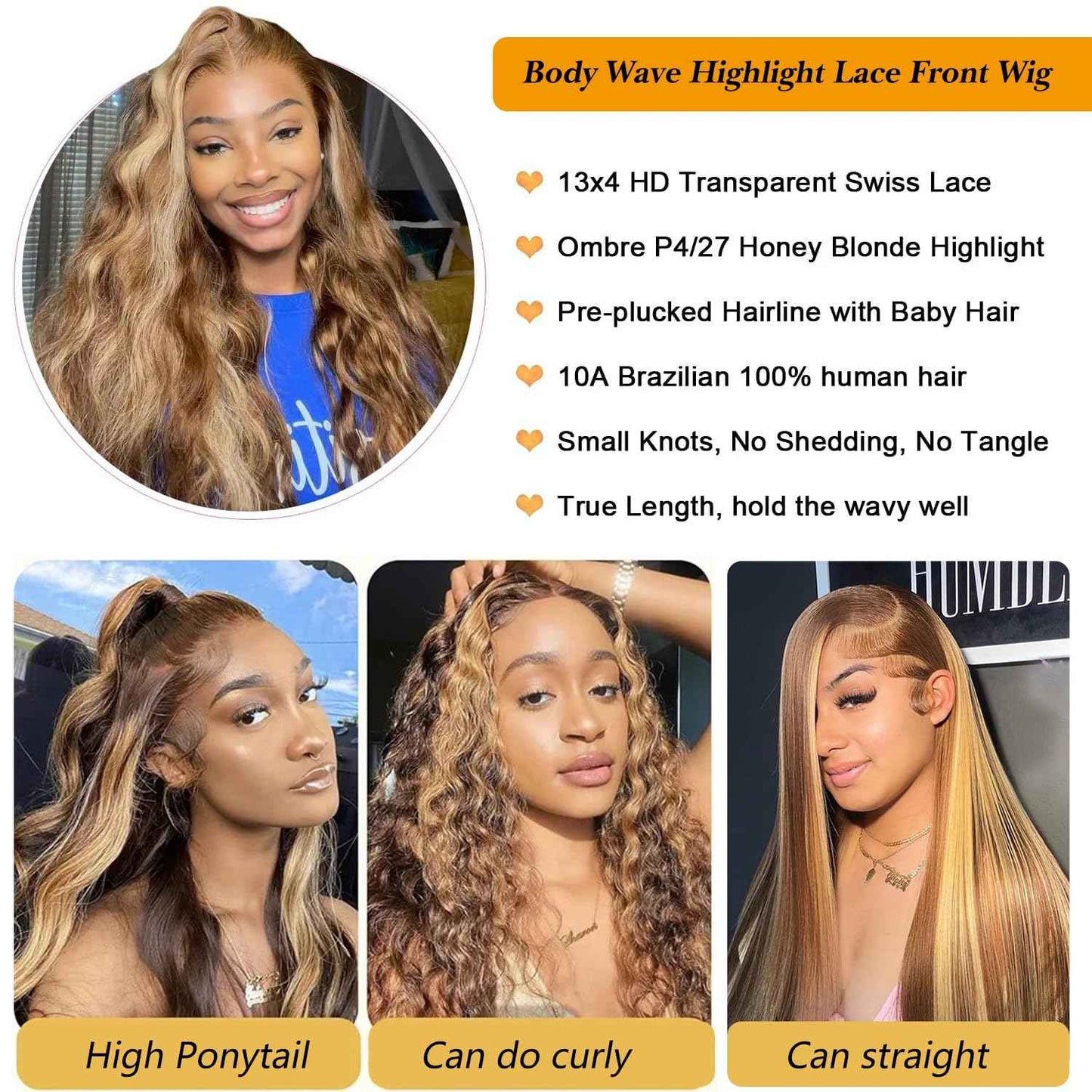 Highlight Ombre Lace Front Wigs Human Hair 28 Inch 13X4 Body Wave Honey Blonde HD Lace Front Wigs Human Hair Pre Plucked with Baby Hair 180% Density 4/27 Balayage Glueless Wigs for Black Women