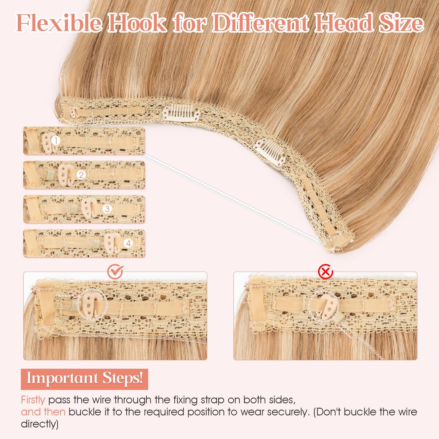 Hairro Wire Hair Extensions Human Hair, Fish Line Invisible Adjustable & Clips in Extensions Straight, 100% Real Hairpieces Seamless Blending for Women, 16 Inch 80g Golden Brown Mix Bleach Blonde