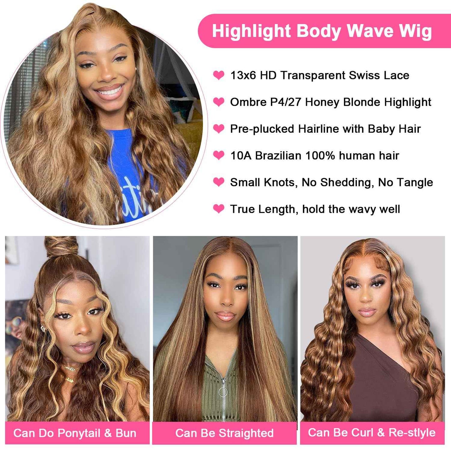 Kucmir 28 Inch Highlight Lace Front Wig Human Hair Ombre for Women 13x6 Body Wave Honey Blonde HD With Baby Hairline