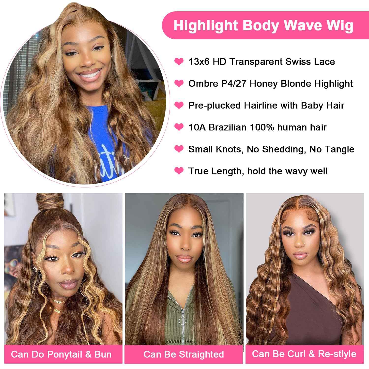 Kucmir 30 Inch Highlight Lace Front Wig - Human Hair Pre Plucked Ombre Lace Front Wig with Baby Hairline