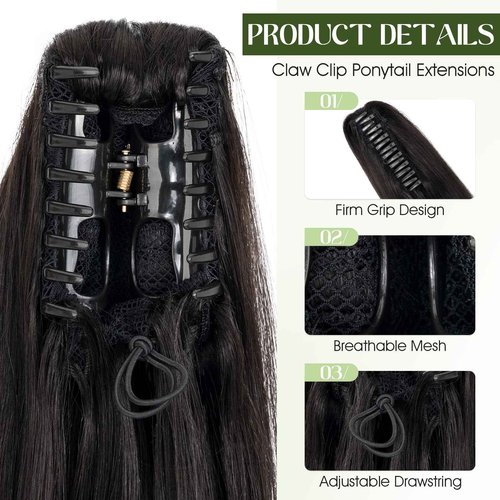 Charites Ponytail Extension, 14 Inch Claw Clip Ponytail Extension Human Hair Long Straight Jaw Clip in Real Hair Pony Tails Hairpieces for Women Natural Black