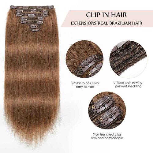 Sisily Clip in Hair Extensions Real Human Hair, 20 inch 160g, Medium Light Brown, 100% Brazilian Remy Human Hair Clip in Extensions Soft Straight 7pcs Per Set with 16 Clips Double Weft