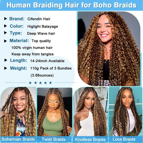 CIFENDIN Human Braiding Hair for Boho Braids 22 Inch 110g Color 4/27 Highlight Balayage Deep Wave Boho Bulk Human Hair for Braiding Knotless 12A Curly Wet and Wavy Bohemian Braids No Weft 3 Bundles