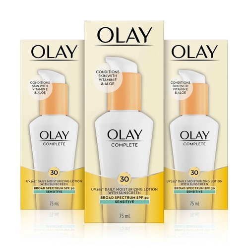 Olay Complete Lotion Moisturizer with Sunscreen SPF 30 Sensitive, 2.53 Fluid Ounce, Pack of 3