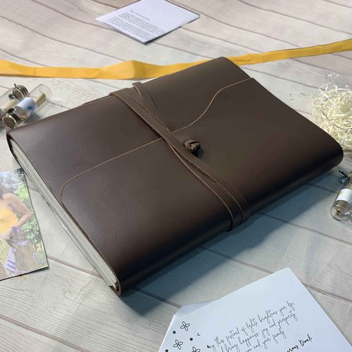 Rustic Town Full Grain Leather Photo Album with Gift Box - Scrapbook Style Pages (Large, Brown)