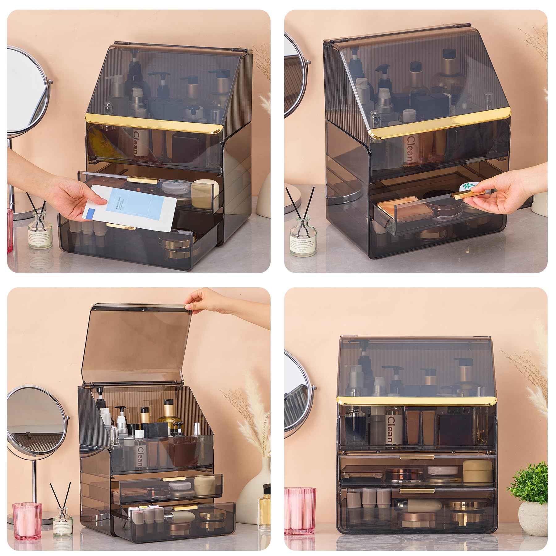 Large Cosmetic Organizer with Lipstick Holder Fully Transparent with Drawers, Dustproof Waterproof Bathroom Counter Storage for Skincare Lipstick Makeup Brushes(Black)