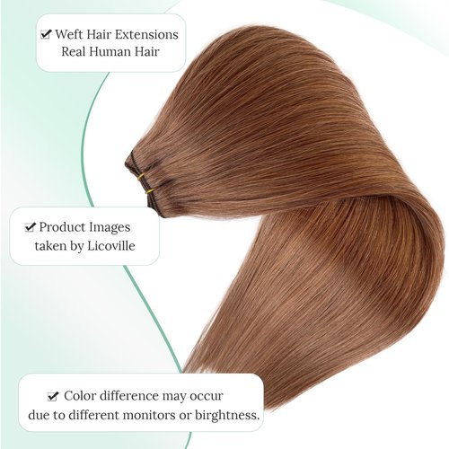 Auburn Brown Long Straight Real Human Hair Weft Hair Extensions Sew in, 22 Inch 120G Hand Tied Sew in Hair Extensions Human Hair Full Head Auburn Brown Weft Human Hair Bundles for Women