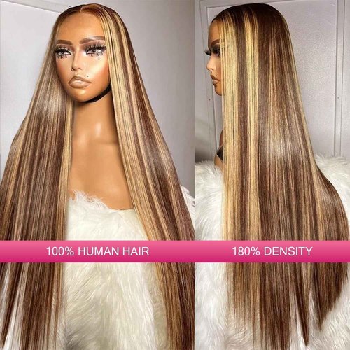 Arsola Ombre Highlight Lace Front Wigs Human Hair 180% Density 13x6 HD Transparent Pre Plucked Straight Lace Front Wigs Human Hair 20 Inch Glueless #4/27 Colored Honey Blonde Wig for Women