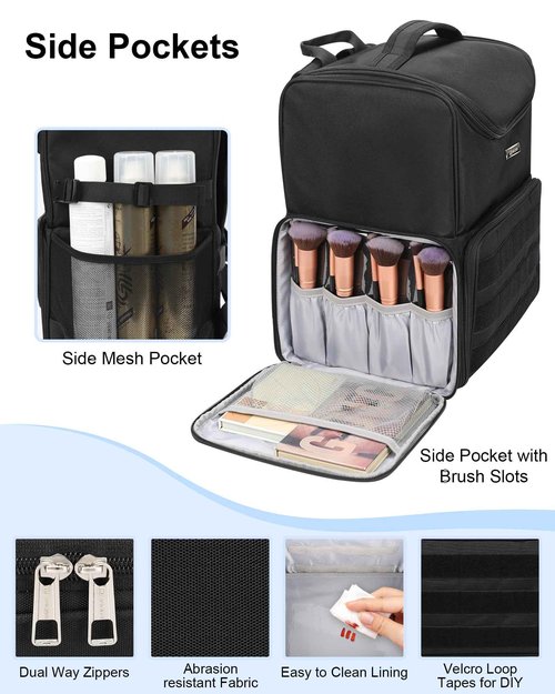 Relavel Makeup Backpack Large Makeup Bag with 3 Clear Set Bags, Dual Layer Professional Cosmetic Organizer Travel Train Case Makeup Artist Kit with Adjustable Dividers & Easy to Clean Lining, Black