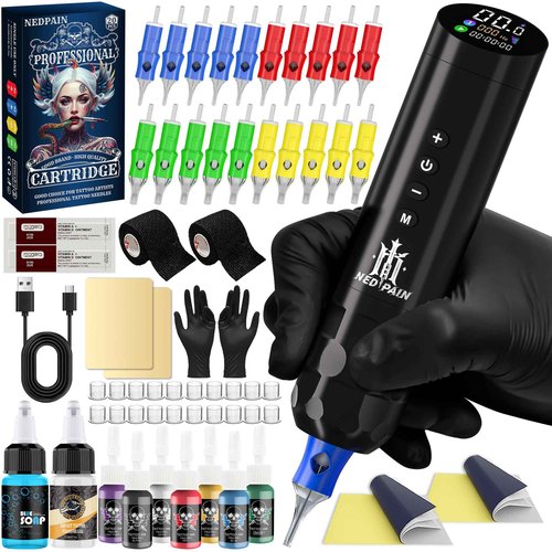 NEDPAIN Tattoo Machine Kit OLED tilted screen Direct drive motor 1500mAh battery Fast charge and memory function 20tattoo needles 7colors ink, blue soap transfer gel of complete kit for tattoo artists