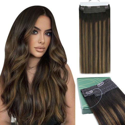 Ugeat Invisible Wire Hair Extensions Real Human Hair Brown Ombre Fishing Wire Human Hair Extensions Darkest Brown to Medium Brown Balayage Long Straight Full Head 20 Inch 95g