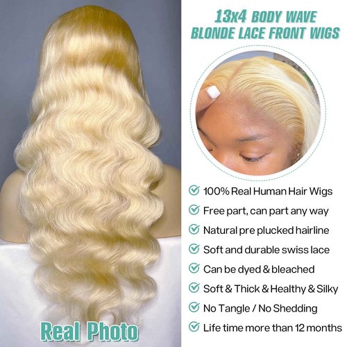BUGUQI 613 Blonde Body Wave Lace Front Wigs Human Hair 13X4 Lace Front Wigs Human Hair 200 Density 613 HD Lace Frontal Wigs Pre Plucked For Women 28 Inch