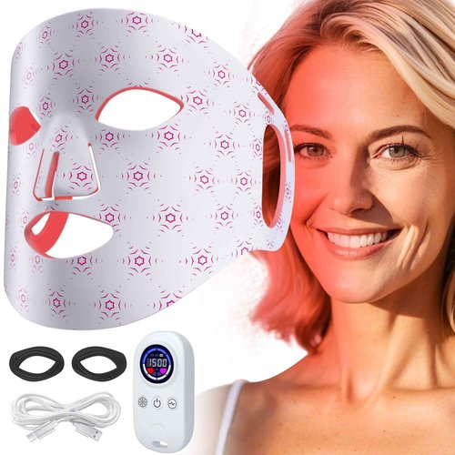 Red Light Mask for Face, Silicone Soft LED Face Mask with Remote, 660nm & 850nm Red Light Mask with Timing Function, Reduced Wrinkles, Anti-Aging, at Home (White)