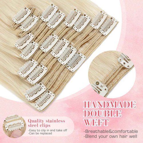 S-noilite Clip in Hair Extensions Real Human Hair Platinum Blonde Clip on Extensions 18 Inch 8pcs 140g Straight Double Weft #60