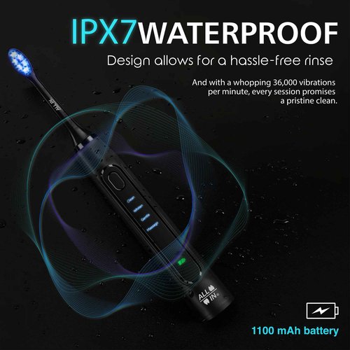 ALL-IN Sonic Rechargeable LED Whitening Toothbrush - Blue & RED LED Light Technology - 4 Advanced Deep Cleaning Modes with a Timer - Adult Toothbrush - BPA Free and PHTHALATES Free