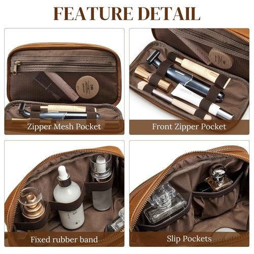 S-ZONE Leather Travel Toiletry Bag for Men Women Traveling Cosmetic Shaving Bags Dopp Kit