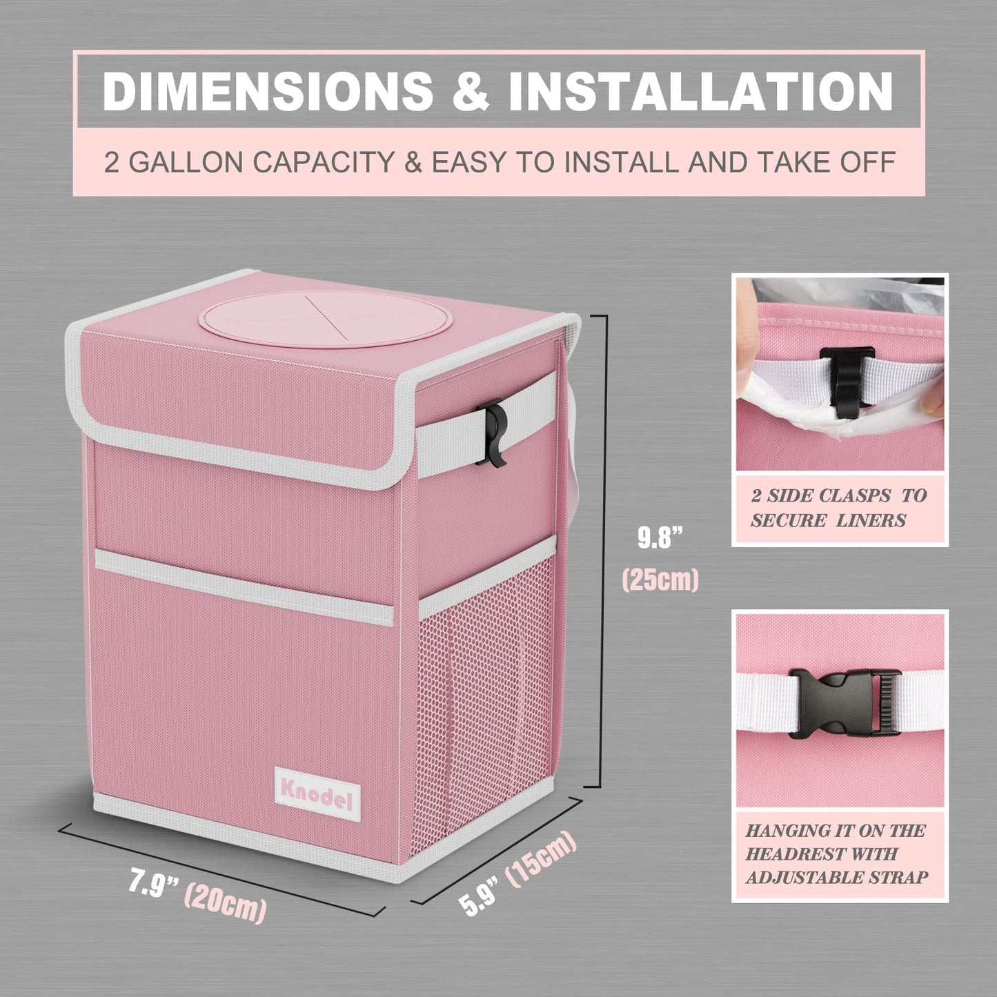 K KNODEL Waterproof Car Trash Can with Lid, Leak-Proof Garbage Bag, Hanging Bin for Women (Pink, Medium)