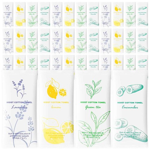 Moist Cotton Towel Bulk Moist Towelettes Individually Wrapped,White Towel Services,Refreshment Pre Moistened Towels for Dentist Travel Sport Party Hotel 240，Lavender,Green tea, Lemon and Cucumber