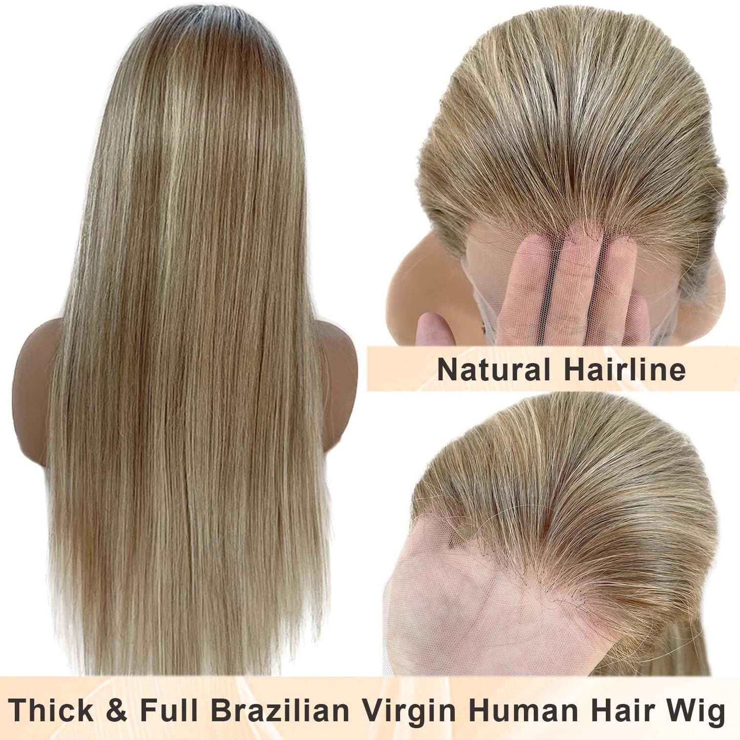 Highlight Ombre Ash Blonde Lace Front Wig Human Hair for White Women, 13x4 Invisible Lace Lace Frontal Wig Pre Plucked Natural Hairline Full 180% Density Real Human Hair Glueless Wigs with Brown Roots