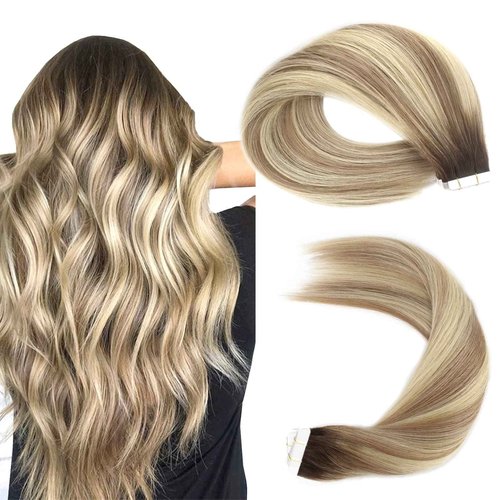 Sassina Tape in Hair Extensions Rooted Brown to Blonde 20 Inch Remy Human Hair 50 Gram Soft Invisible Seamless Skin Weft Human Hair 20 Pcs #R3/8-613