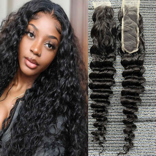 2x6 Hd Lace Closure Unprocessed Human Hair 150% Density Closure Pre-Plucked Hairline Deep Wavy Style Closure Middle Part With Baby Hair Natural Black Color 20 Inch