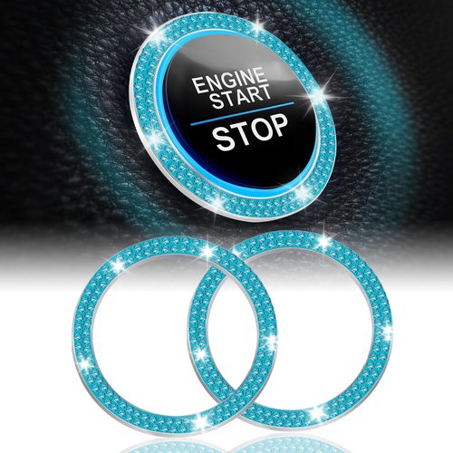 LivTee 2 PCS Crystal Double Rhinestone Car Engine Start Stop Decoration Ring, Bling Car Interior Accessories for Women, Push to Start Button Cover Sticker, Automotive Decals, Cyan