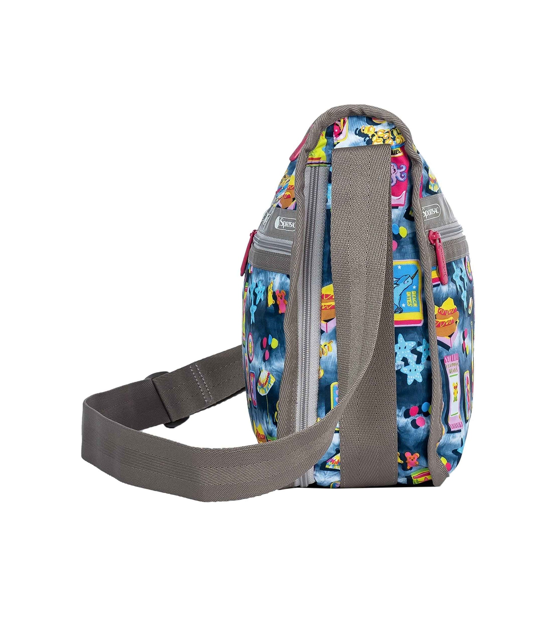 LeSportsac Beach Snacks Deluxe Everyday Crossbody Bag + Cosmetic Bag, Style 7507/Color F949, Vibrant Pop Art Style Beachy Graphics: Hot Dogs, French Fries & Tropical Drinks, Unique Hot Pink Zip Pull