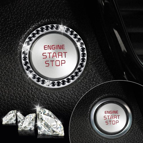LivTee 2 PCS Crystal Rhinestone Car Engine Start Stop Decoration Ring, Bling Car Interior Accessories for Women, Push to Start Button Cover Sticker, Automotive Decals, Black