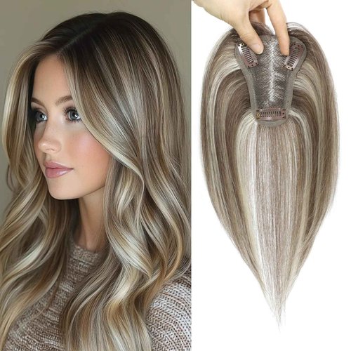 HOLFWALF Hair Toppers for Women Upgrade Swiss Lace Base Hair Topper 10inch Hairpieces for Women with Hairloss (Ombre Medium Brown with Blond Highlight)