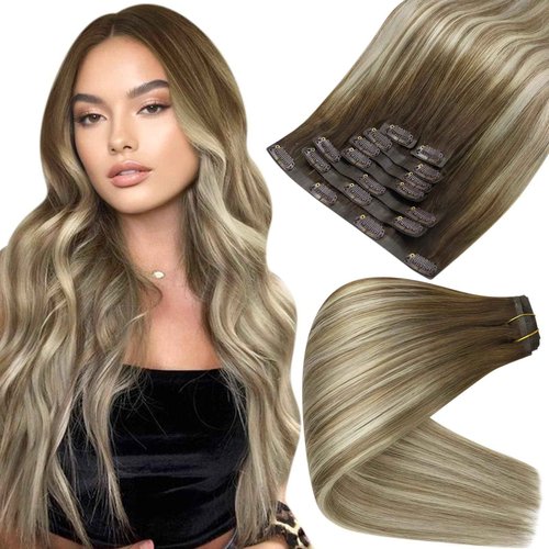 Full Shine Balayage Human Hair Clip in Extensions Brown Ombre Clip in Hair Extension Light Brown Mix Blonde Real Human Hair Clip ins Invisible Hair Extension 18 Inch 120 G 8 PCS