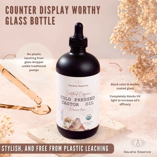 Aavaha Essence Organic Castor Oil – Cold-Pressed, Hexane-Free, 100% Pure & USDA Certified – Cold Pressed Oil for Hair, Skin, Eyelashes & Brows – 16 oz Glass Bottle with Dropper + Mini Glass Roll-On
