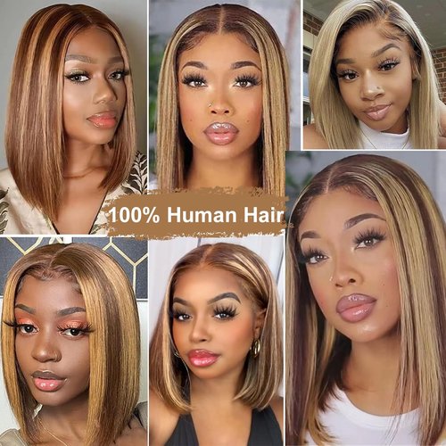 Thogriy 4/27 Honey Blonde 13x4 Bob Wig Human Hair 180% Density HD Transparent Lace Front Wigs Human Hair Short Bob Pre Plucked Straight Wigs Human Hair for Women 16 Inch