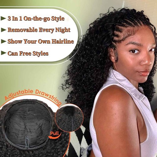 XNAIRA Kinky Curly Half Wig Human Hair 3 In 1 Seamless Flip Over Half Wigs Drawstring Curly Half Wigs for Women Human Hair Glueless Wear and Go Half Up Half Down Headband Wig Human Hair