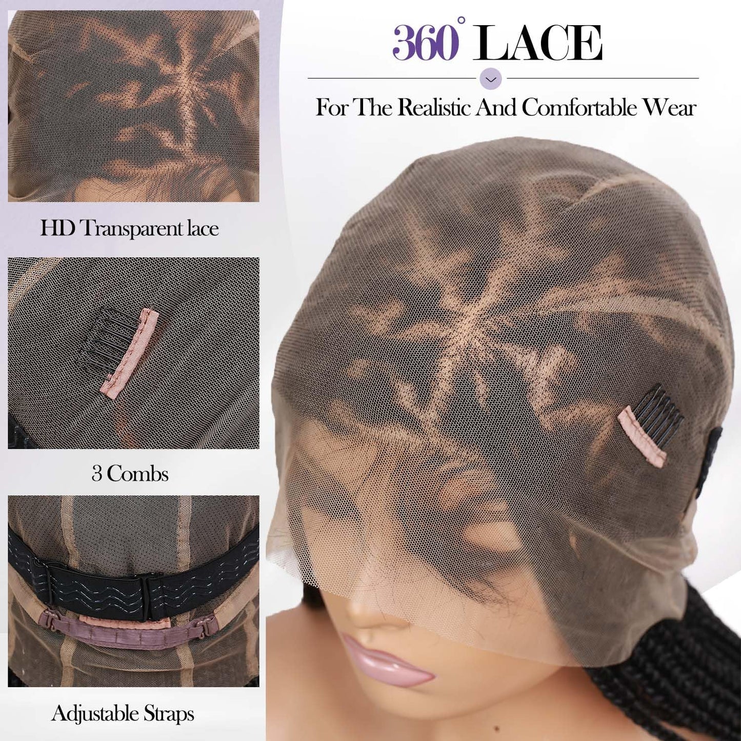 360 Full Lace Knotless Box Braided Wig, Long Black Synthetic Hair, Triangle Lace Front (Black, 34 inches)