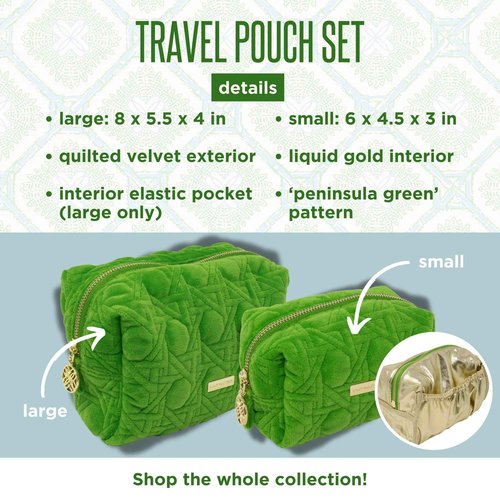 Lilly Pulitzer Gold Quilted Zipper Pouches, Cute Cosmetic Case for Women, Travel Toiletry Bag, Small Pouch Bag for Supplies, Set of 2, Makeup or Toiletries (Peninsula Green)