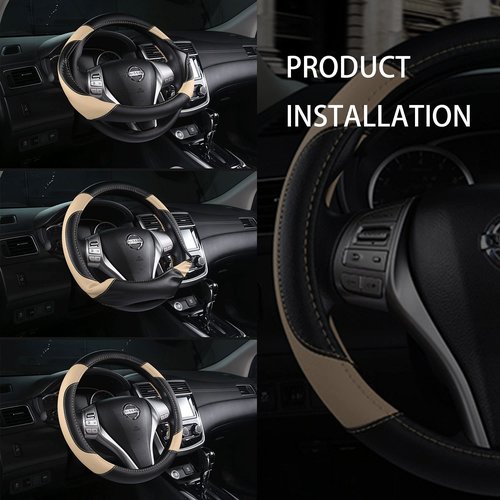 Leather Car Steering Wheel Cover, Non-Slip Car Wheel Cover Protector Breathable Microfiber Leather Universal Fit for Most Cars(Beige)