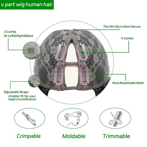 V Part Wig Human Hair Kinky Straight Wig Human Hair For Women Glueless Yaki Straight Half Wigs For Black Women Full Head Clips In No Leave Out Natural Color 150% Density 20 Inch