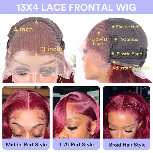 AYMMOLI 28 Inch 99j Burgundy Lace Front Wigs Human Hair 13x4 HD Red Burgundy Wig Human Hair 200 Density Wine Red Body Wave Lace Front Wigs Pre Plucked Glueless Frontal Wigs for Women