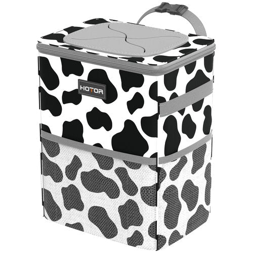 HOTOR Car Trash Can with Lid and Storage Pockets - 100% Leak-Proof Organizer, Waterproof Garbage Can, Multipurpose Trash Bin for Car, 2 Gallons, Cow