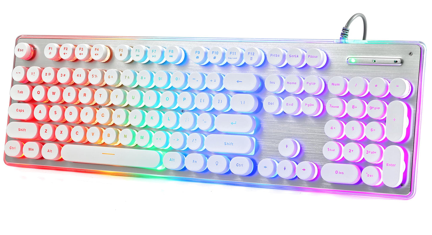 ANSWK Typewriter Style Keyboard with Metal Panel, Rainbow LED Backlit, Round Keys, Anti-ghosting, Spill Resistant, Light Up USB Wired Retro 104 Keys for Office/Gaming, White/Silver