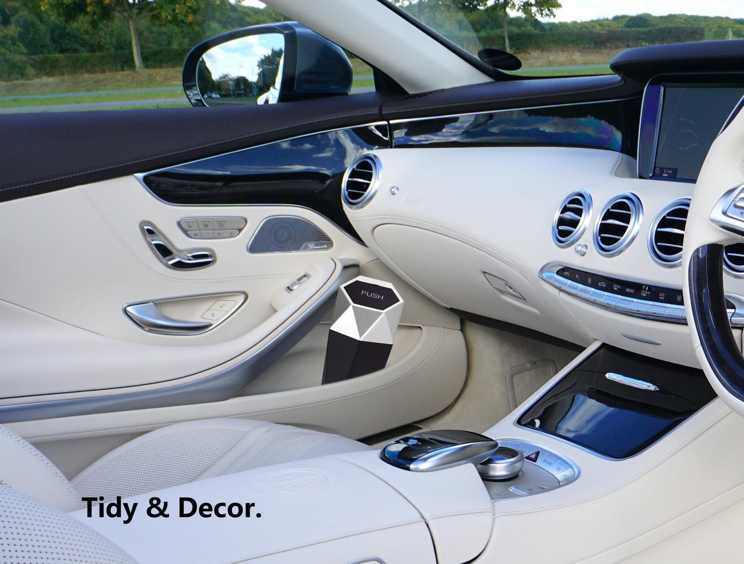 Ginsco Car Trash Can Cup Holder, Mini Car Trash Can with Lid, Car Accessories for Interior, Leakproof Small Trash Cup for Car, Home with 2 ABS Hooks and 90pcs Trash Bags Silver