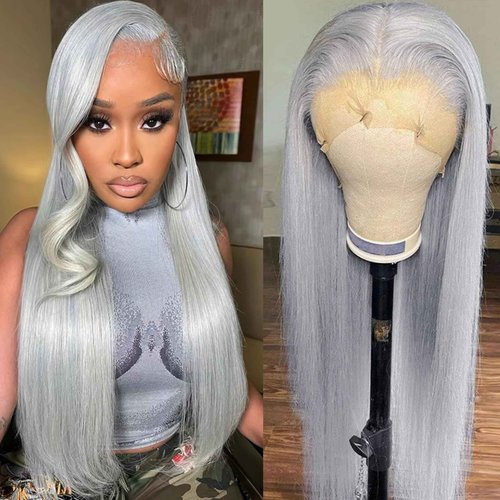 Mscathy 200% Grey Human Hair Wigs Straight 13×4 UHD Transparent Pre Plucked Pre Cut Gray Lace Front Wig Virgin Human Hair Glueless Lace Front Wigs for Women 24 Inch