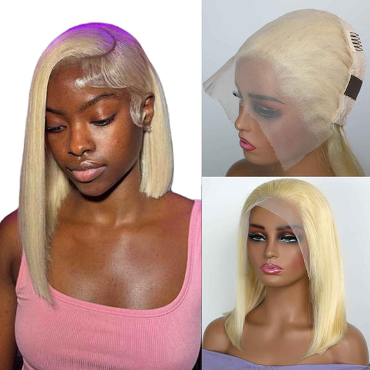 GIRLOFDREAMS Blonde 613 13x6 Lace Front Bob Wig Human Hair Straight Transparent Lace Frontal Wigs Pre Plucked with Baby Hair 180 Density Brazlian Remy Glueless Lace Short Wigs for Black Women