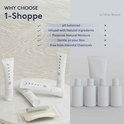 Infuse Pure White Tea and Coconut Hotel Soaps and Toiletries Bulk Set | 1-Shoppe All-In-Kit for Airbnb | 1oz Shampoo & Conditioner, Body Wash, Lotion & 1.25oz Bar Soap | Travel Size 150 Pieces