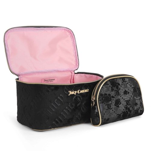 Juicy Couture Black Makeup Bag Cosmetics Organizer Travel Essentials Train Case Coin Purse Flocked Mesh Two Piece Set